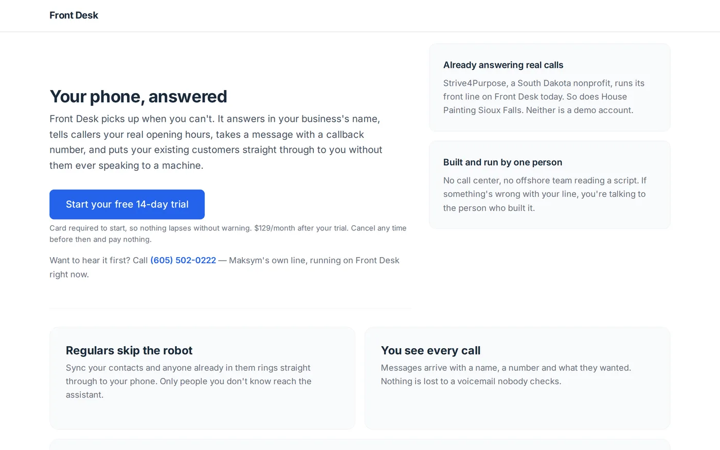 The real Front Desk product page -- live today, answering real calls