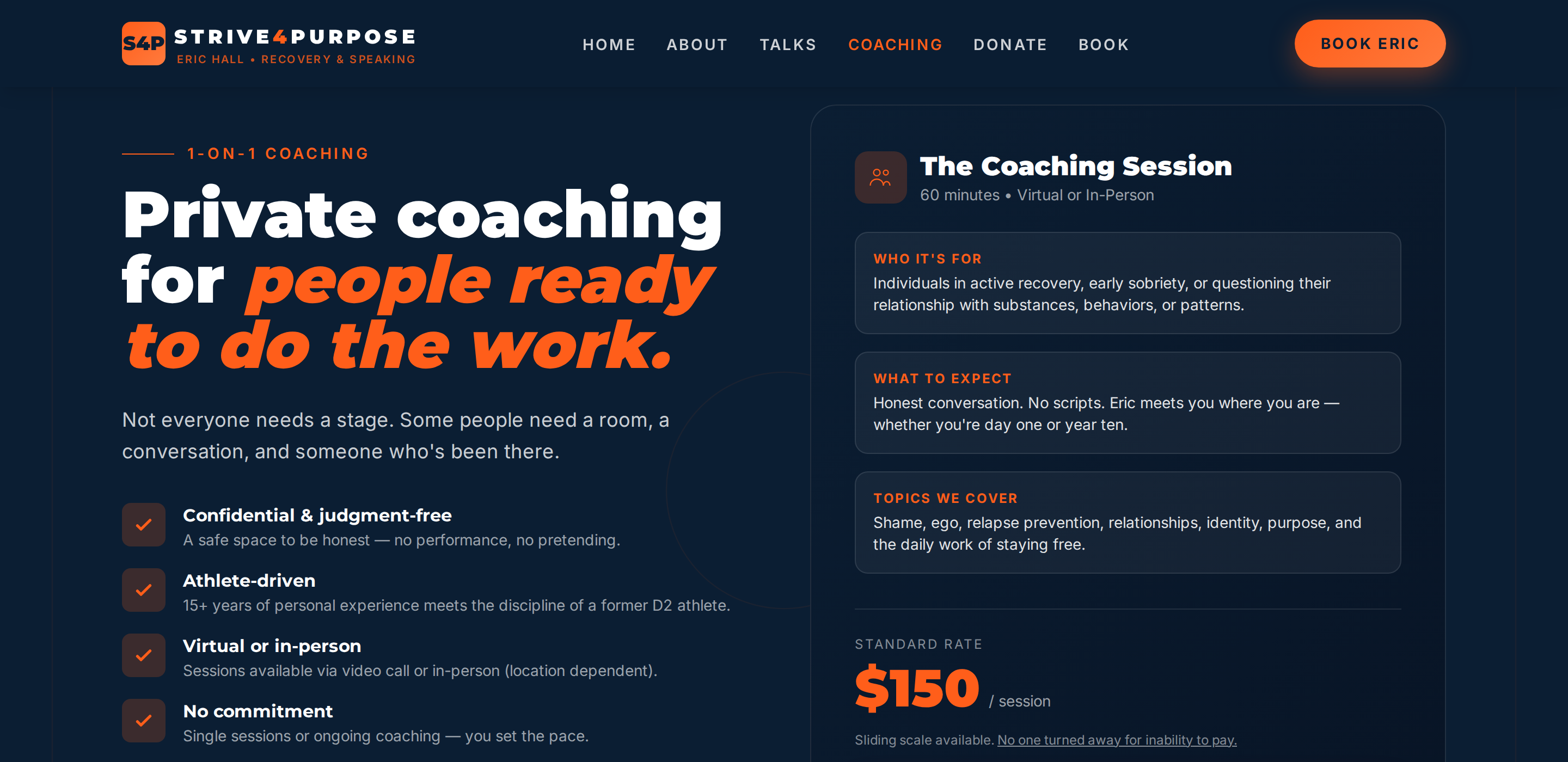 The Strive4Purpose coaching booking page: a structured session page with pricing, sliding-scale terms, and a real booking flow